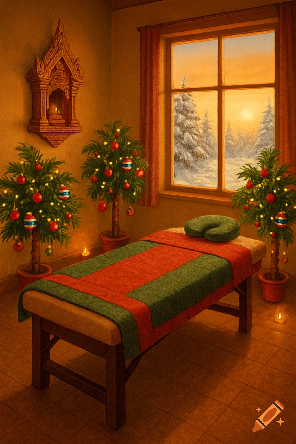 A Christmas-decorated room with a massage table, small trees, a Thai temple wall hanging, and a snowy sunset visible through a window.