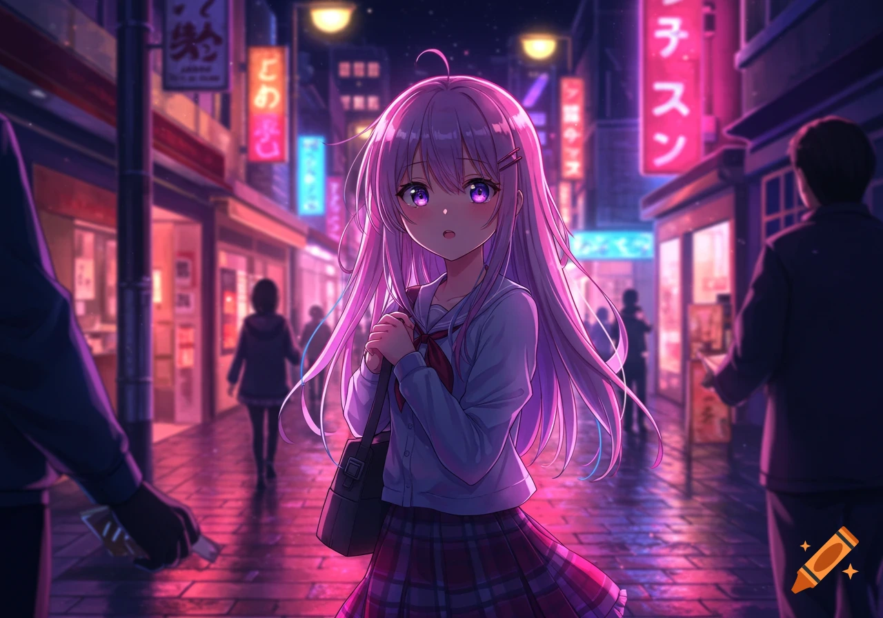 An anime girl with long pink hair and purple eyes stands on a neon-lit ...