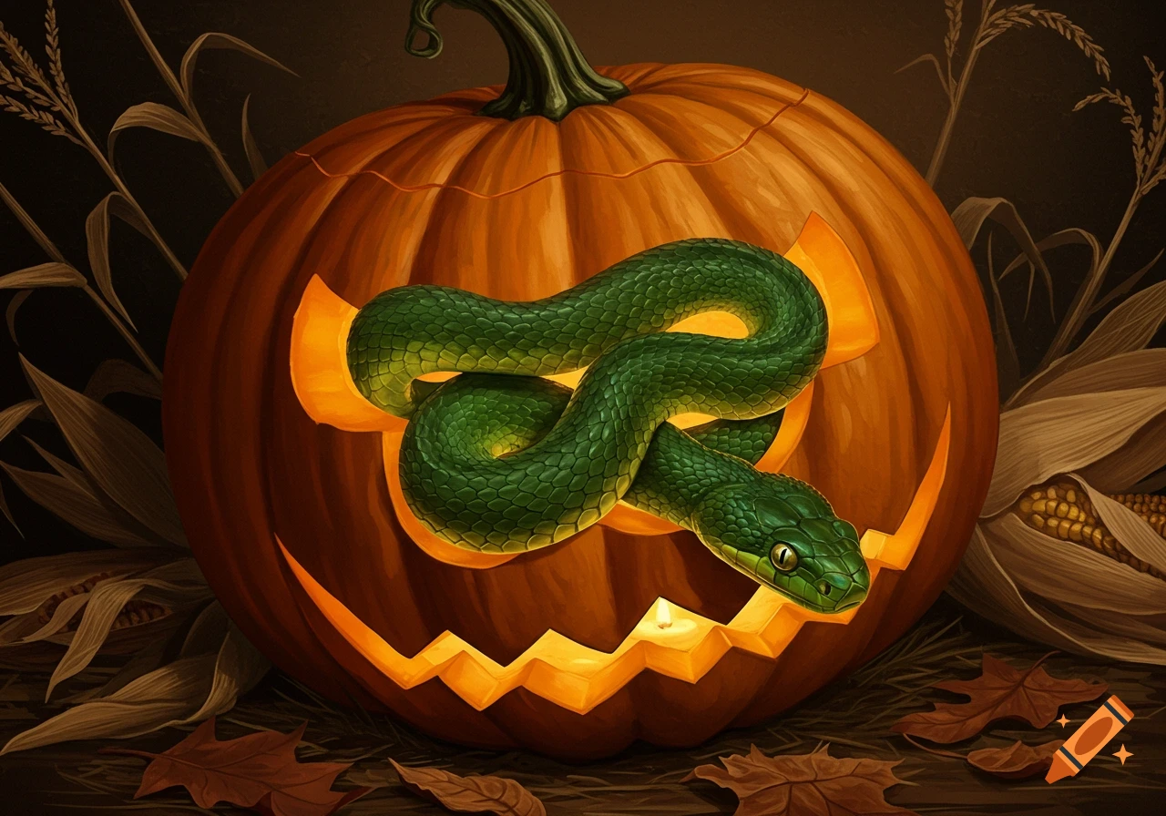 A vibrant green snake coiled inside a glowing jack-o'-lantern, surrounded by autumn leaves and corn stalks.