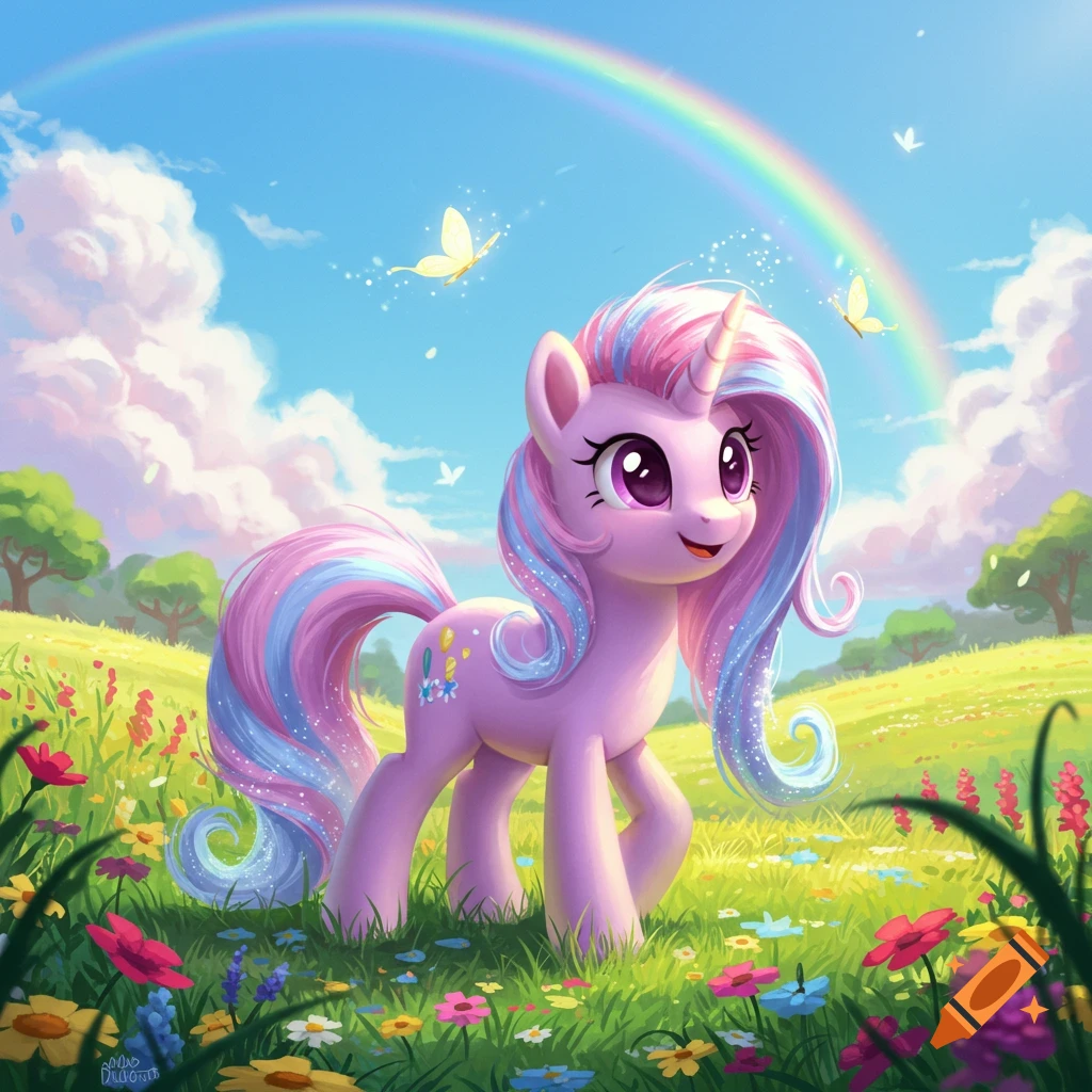 A cute pink unicorn with a flowing pink and blue mane and tail stands in a vibrant green meadow under a rainbow, with butterflies.