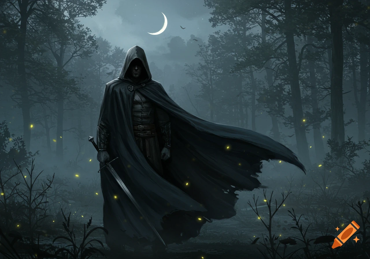A dark cloaked figure holding a sword stands in a misty, moonlit forest ...