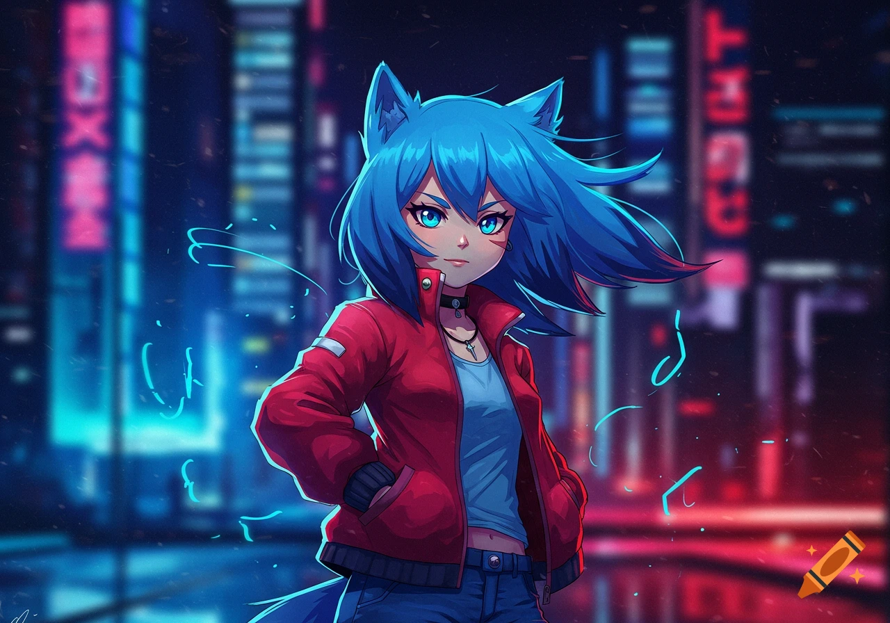 An anime character with blue hair and animal ears, wearing a red jacket, stands in a neon-lit futuristic city at night.