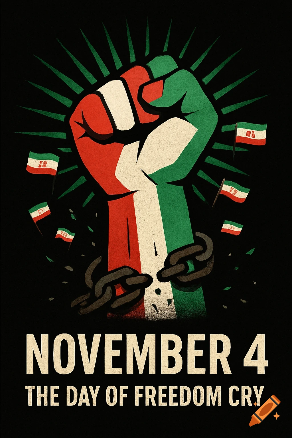 A stylized poster with a raised fist in red, white, and green, breaking chains, surrounded by small Iranian flags. Text reads "NOVEMBER 4 THE DAY OF FREEDOM CRY".