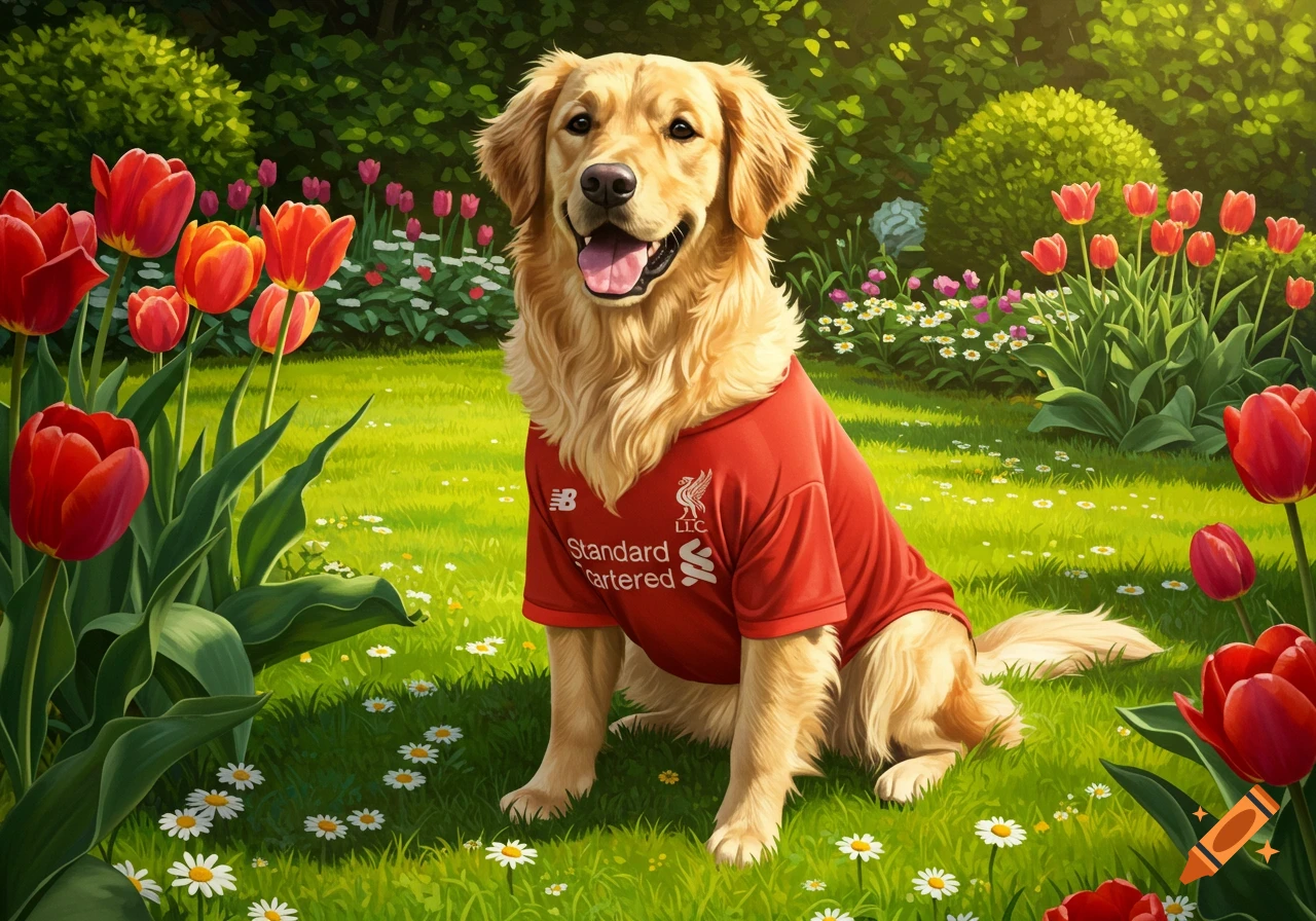 A happy golden retriever in a red Liverpool FC shirt sits in a vibrant garden with red tulips and white daisies.