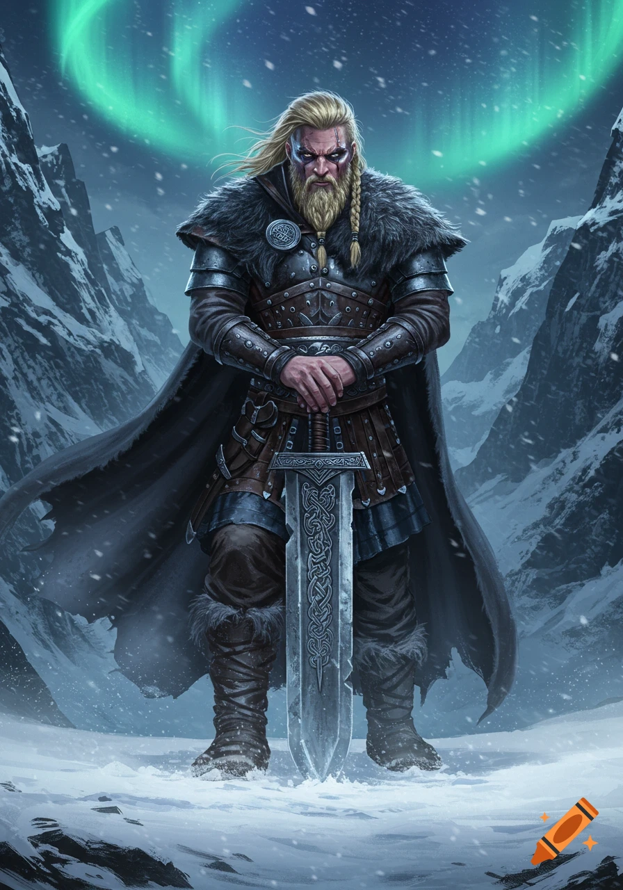 A formidable blonde Viking warrior in armor holding a giant sword, standing in snowy mountains under a green aurora.