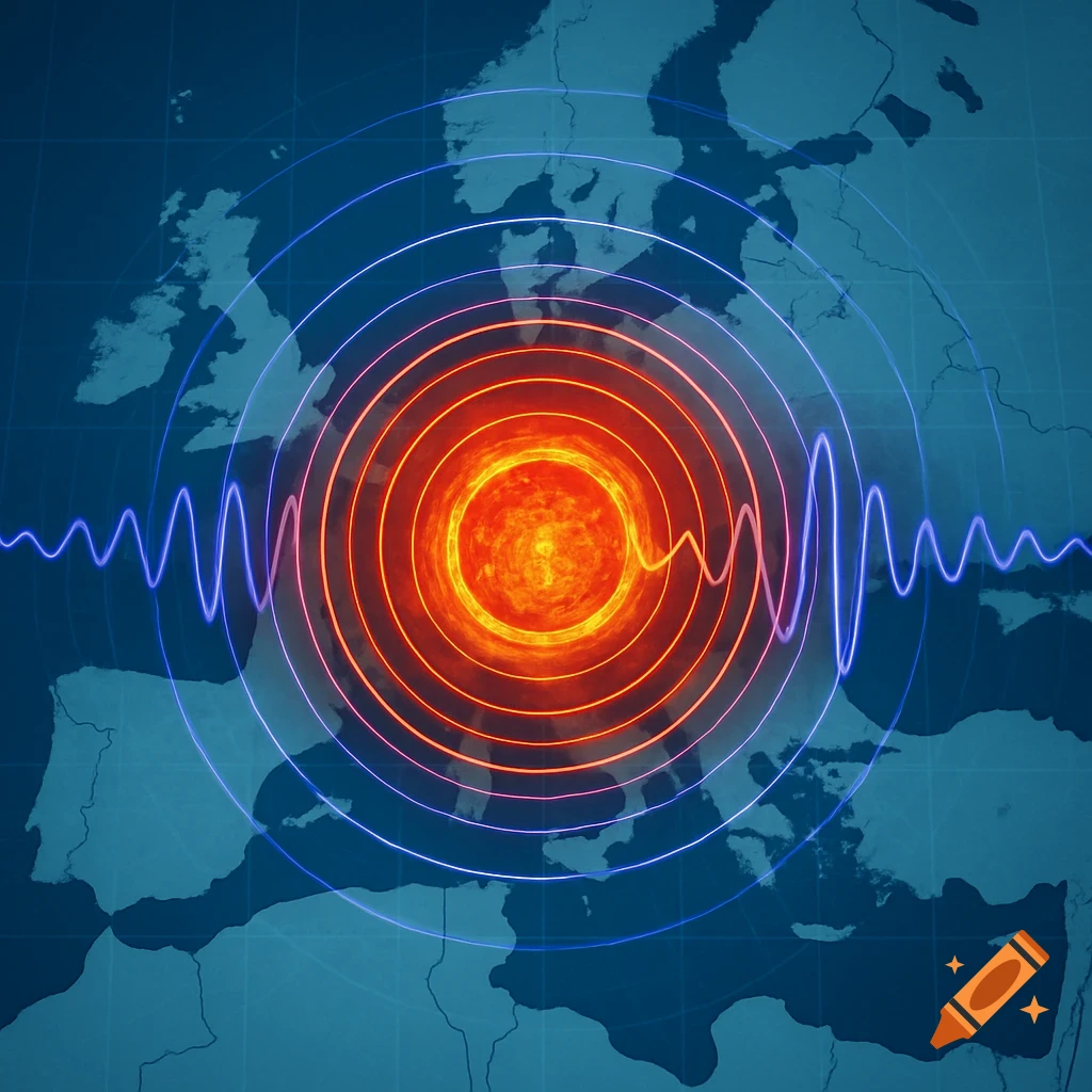 A stylized blue map of Europe with a glowing orange-red core and radiating blue and orange seismic waves.