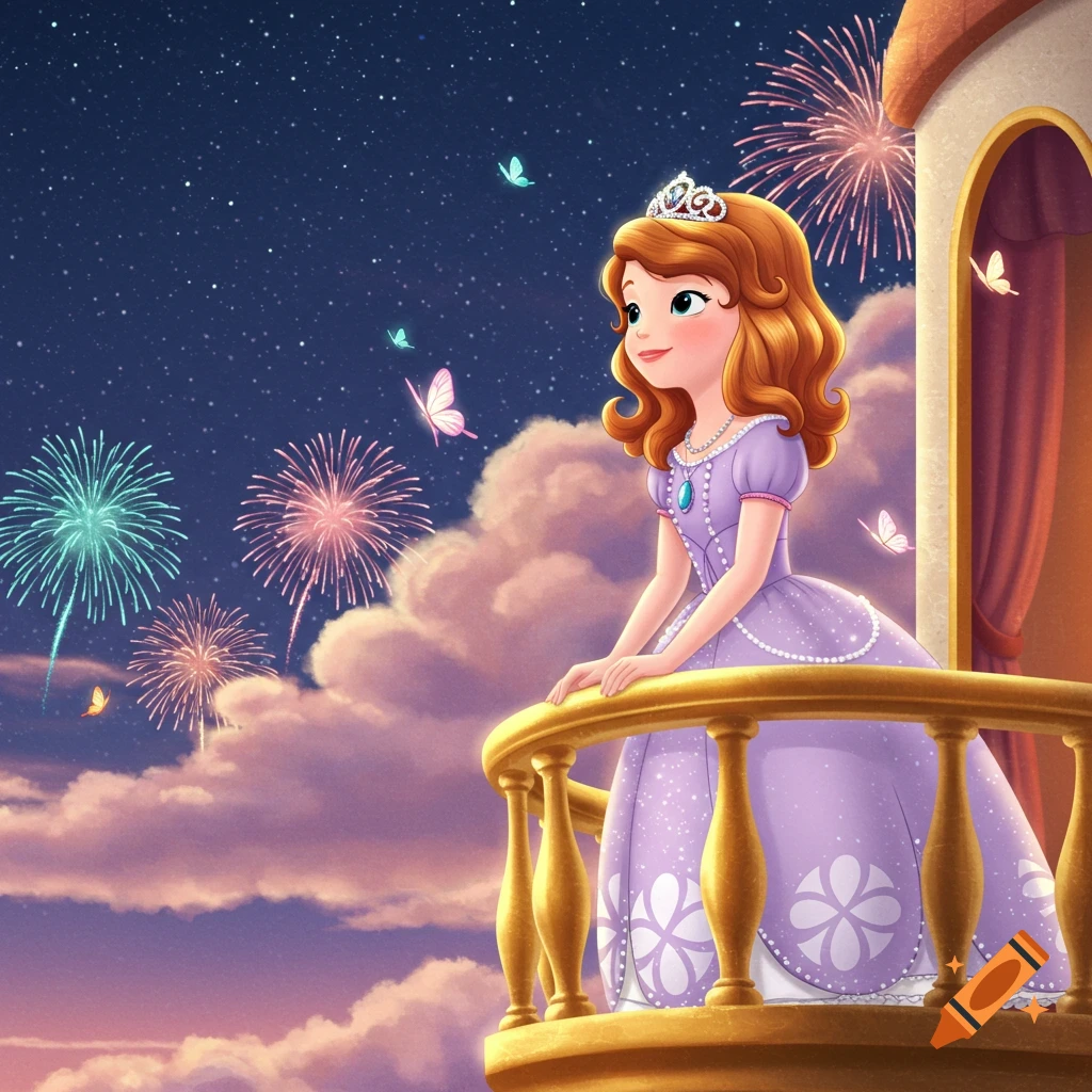 Animated Princess Sofia on a balcony at night, watching colorful fireworks in the sky above pink and purple clouds.