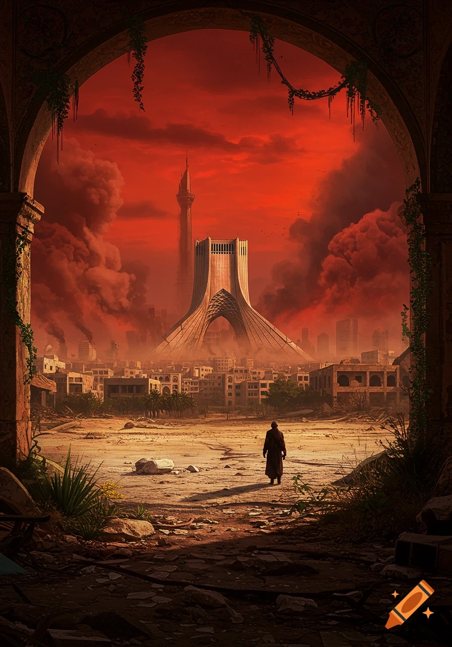 A lone figure walks through a desolate, ruined city under a fiery red sky, framed by a crumbling archway, with a large monument in the distance.