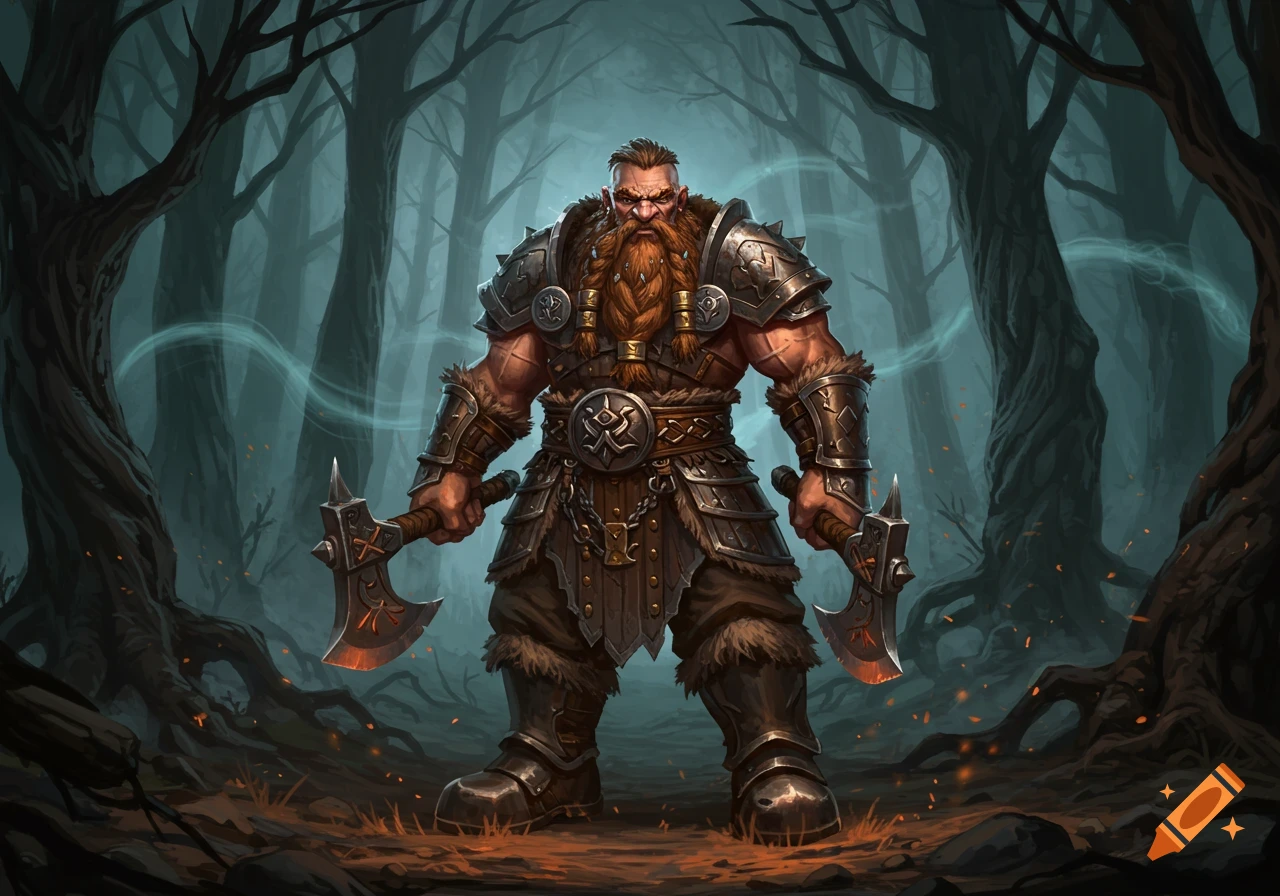 A muscular dwarf barbarian with a braided beard, wearing armor, holds two glowing axes in a dark, misty forest, digital painting.