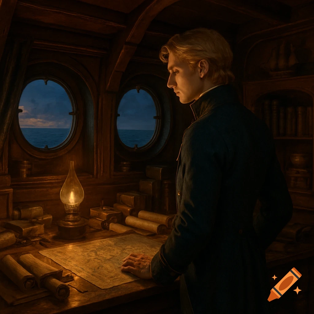 A young blonde man in a dark coat examines a map in a dimly lit ship's cabin, with portholes showing the ocean.