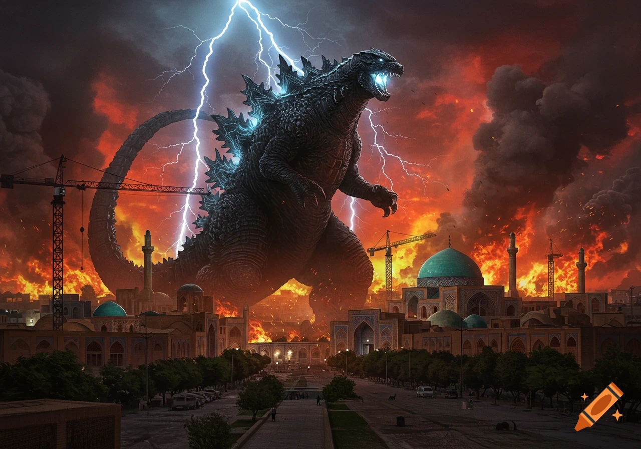 Godzilla, illuminated by lightning, rampages through a city with Middle Eastern architecture under a fiery, smoke-filled sky.