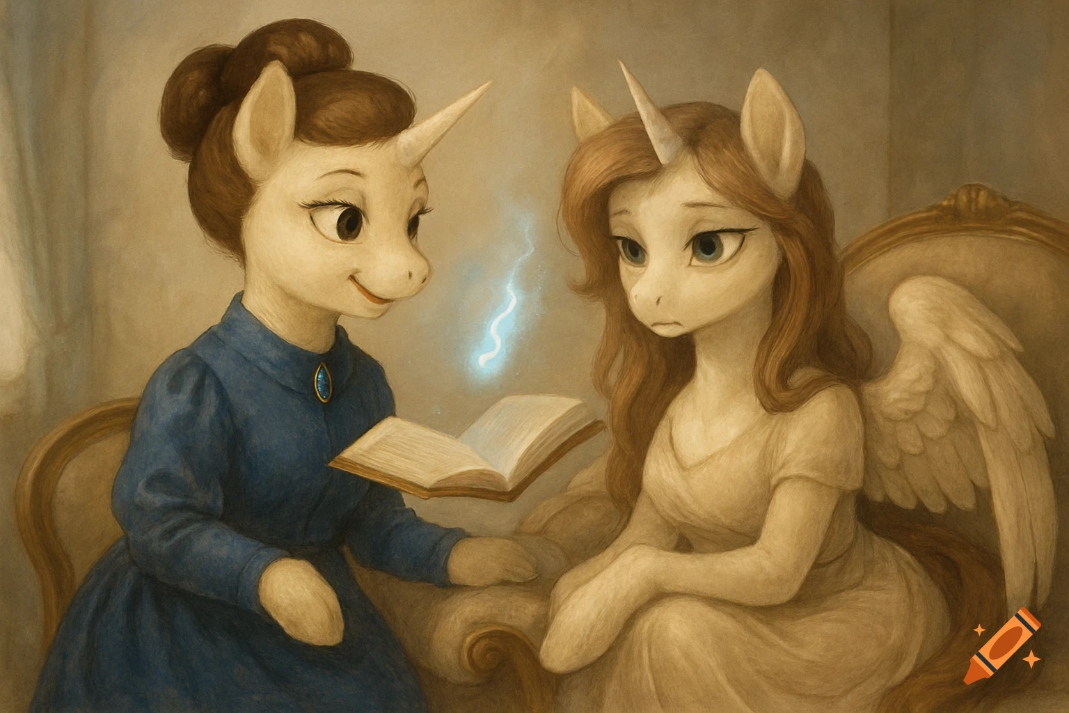 A semi-realistic fantasy art painting of two ponies. One unicorn in a blue dress levitates a book with magic, smiling at a tired alicorn.