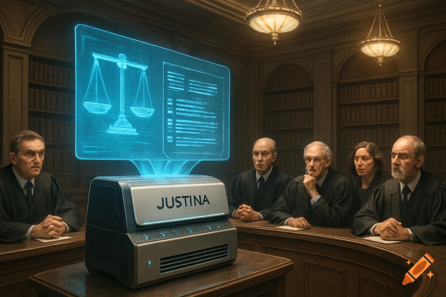 A group of judges in a courtroom observe a holographic display emanating from a futuristic computer labeled 'JUSTINA'.