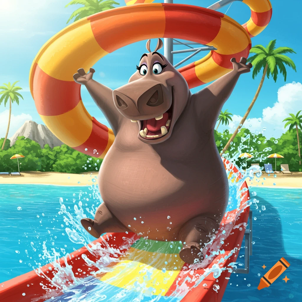 Animated Gloria the hippo from Madagascar happily slides down a colorful water slide at a tropical water park.
