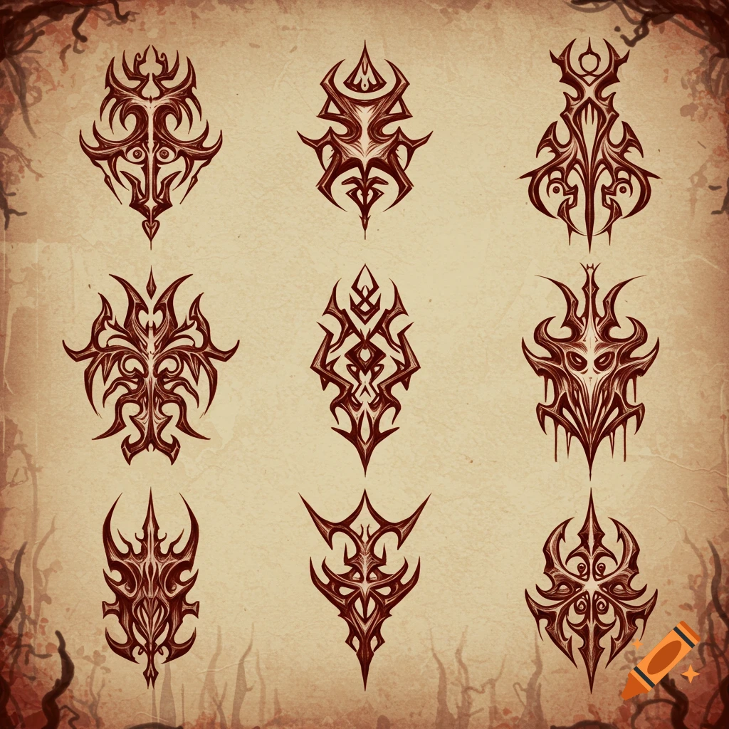 Nine dark, intricate arcane cult symbols on aged, textured parchment with shadowy tendrils.