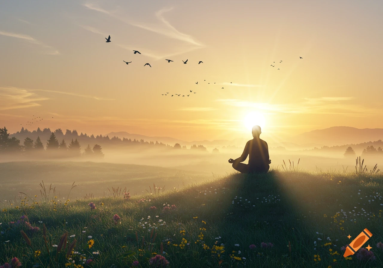 A person meditates in lotus position on a hill, silhouetted against a golden sunrise over a misty valley with mountains and flying birds.