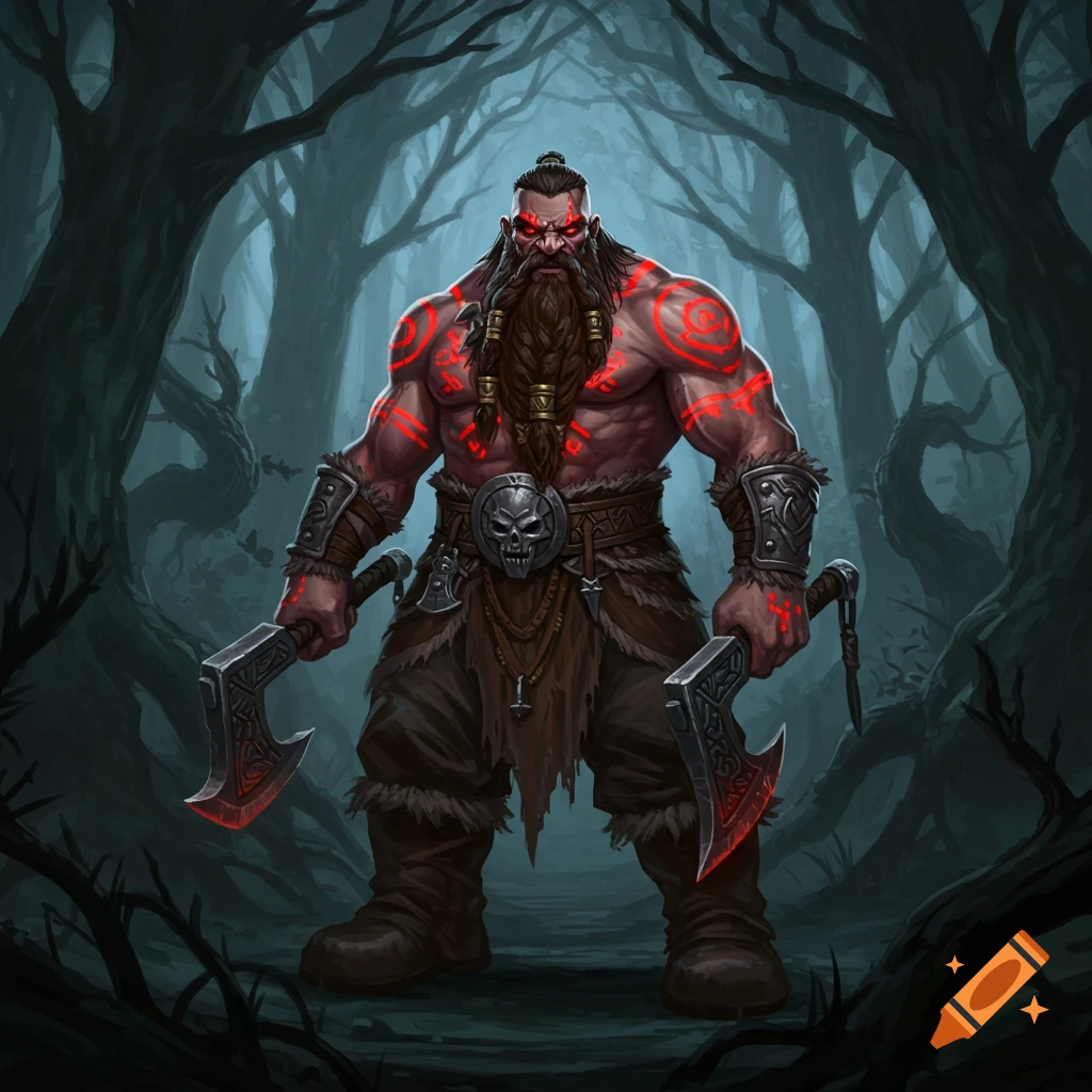 A muscular dwarf barbarian with red glowing tattoos holds two battle axes in a dark, foggy forest, digital painting.