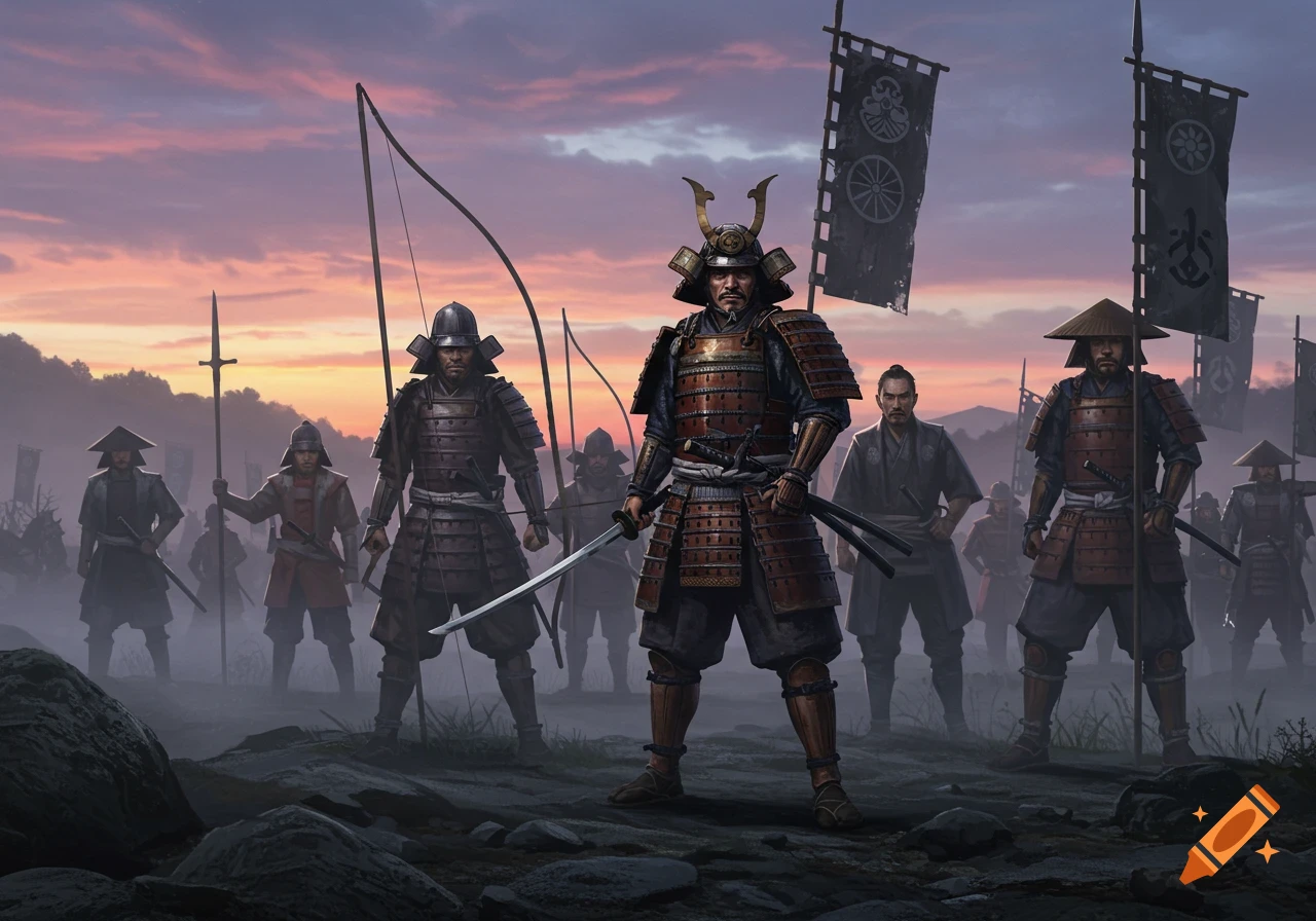 A group of armored samurai warriors stands on a rocky field at sunset, holding swords, spears, and bows under banners.