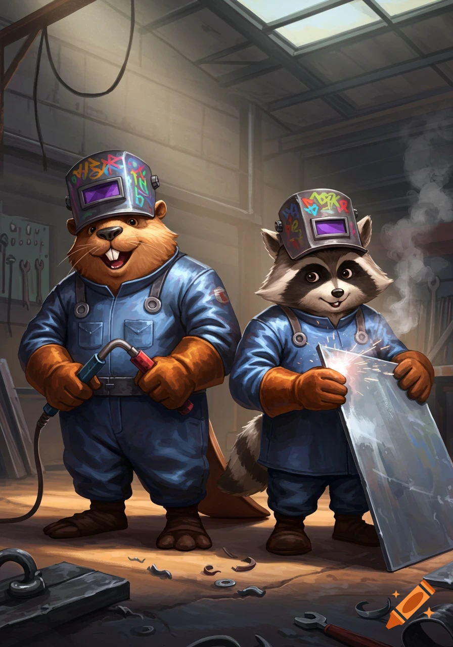 Animated beaver and raccoon welders in blue overalls working in a workshop.