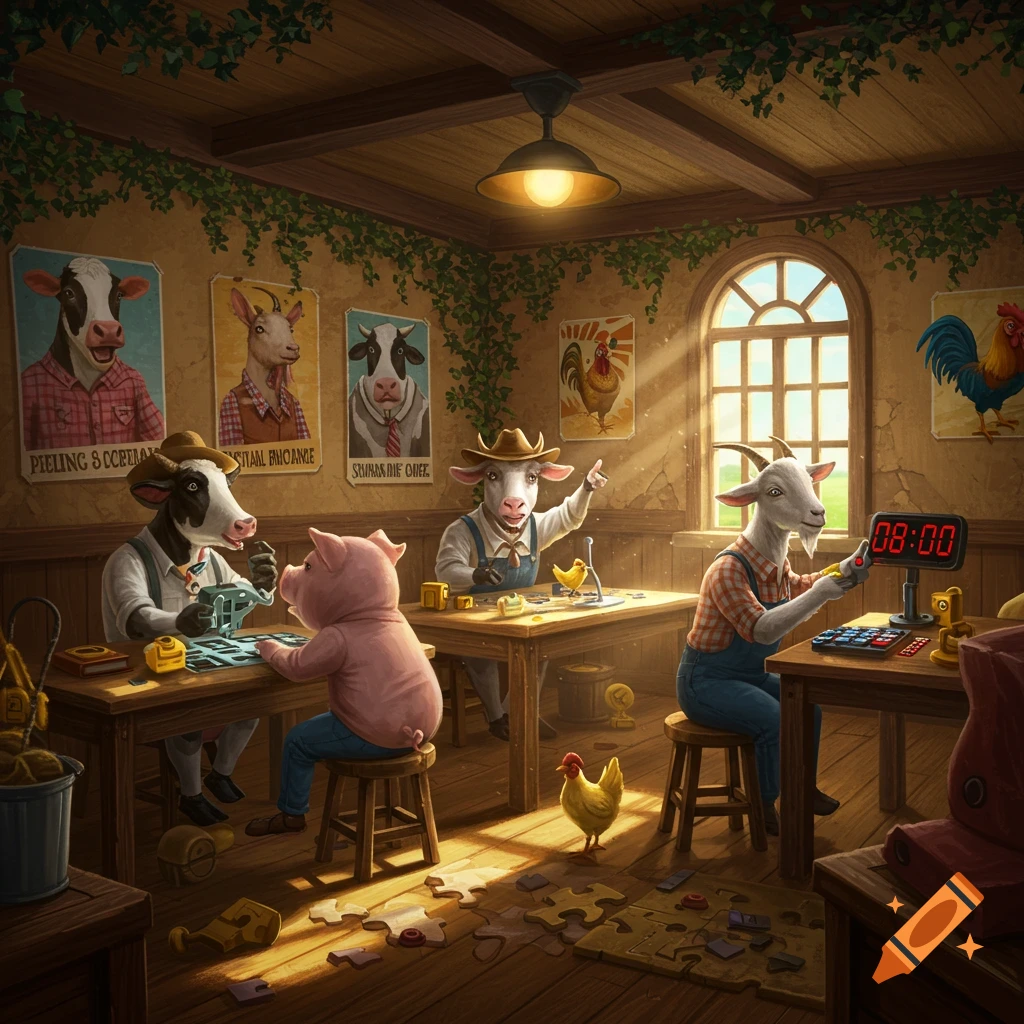Anthropomorphic farm animals (cow, pig, goat) work on puzzles in a cozy, sunlit room, with posters on the wall, resembling an escape room.