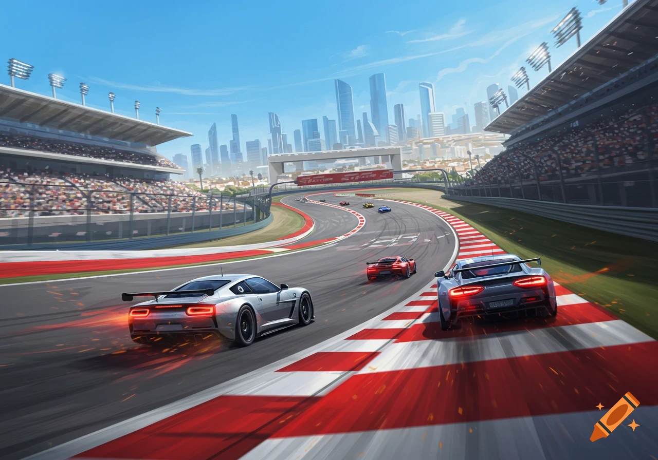 Dynamic illustration of sports cars racing on a track past grandstands and a city skyline.