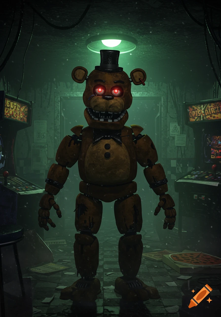 A creepy brown animatronic bear with a top hat and glowing red eyes stands in a dark, grimy arcade room with scattered papers.