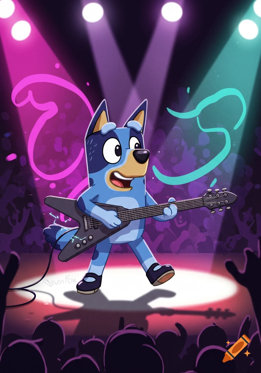 A blue cartoon dog, Bluey, plays an electric guitar on stage under purple and green spotlights, with a silhouetted crowd watching.