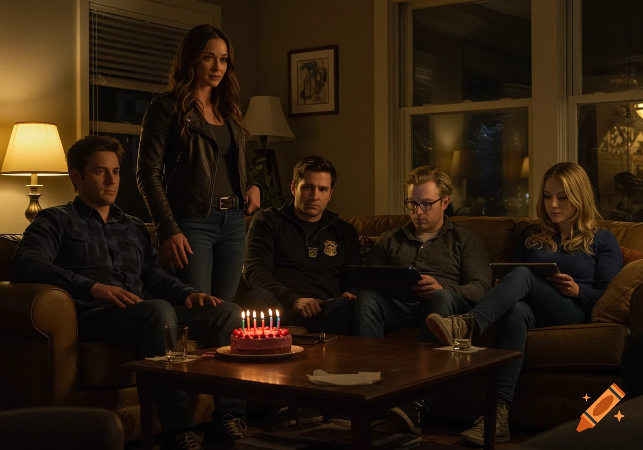 Five people gathered in a dimly lit living room, four seated on a couch, one standing, with a birthday cake on a coffee table.