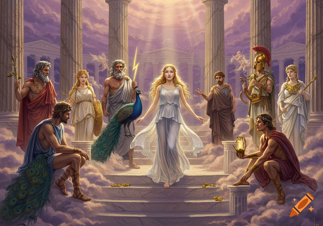 Psyche in a flowing white dress descends a cloud stairway, surrounded by Olympian gods like Zeus and Hera, with classical temples.