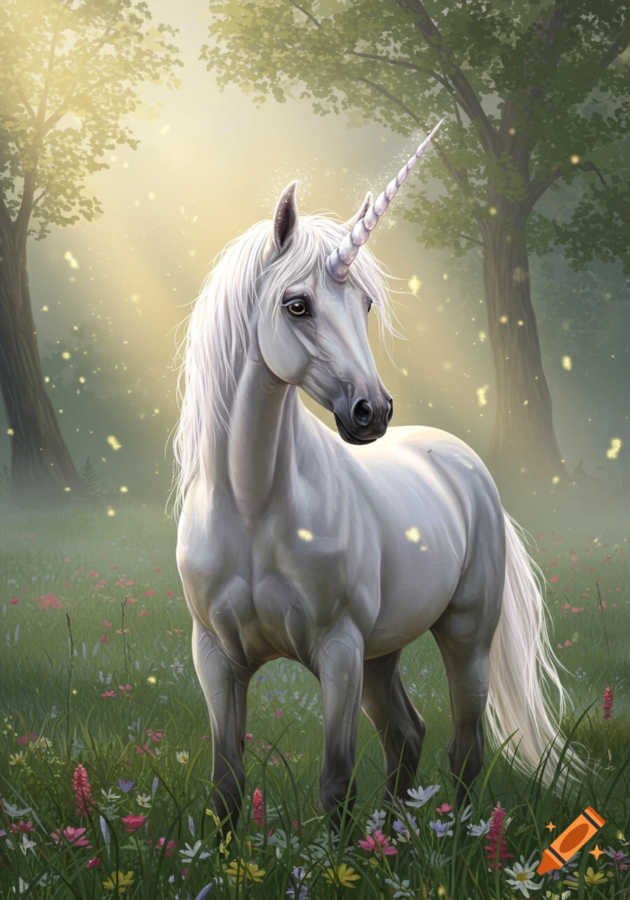 A majestic white unicorn with a sparkling horn stands in a magical forest clearing with glowing lights and wildflowers.
