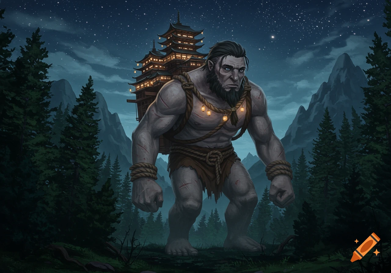 A muscular grey giant with a beard carries a Japanese temple town on his back, walking through a forest at night under a starry sky. Illustration.