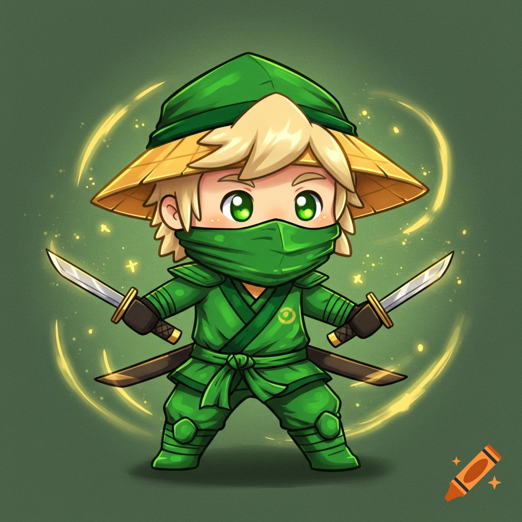 A cute chibi-style ninja with golden hair, a green outfit, and a straw hat, holding two katanas.