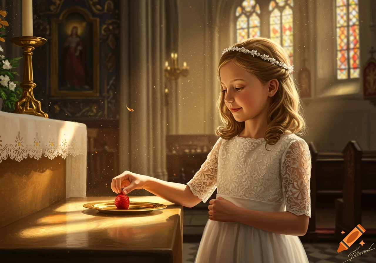 A young girl in a white dress places a red strawberry on a golden plate on a wooden altar in a sunlit church, photorealistic.