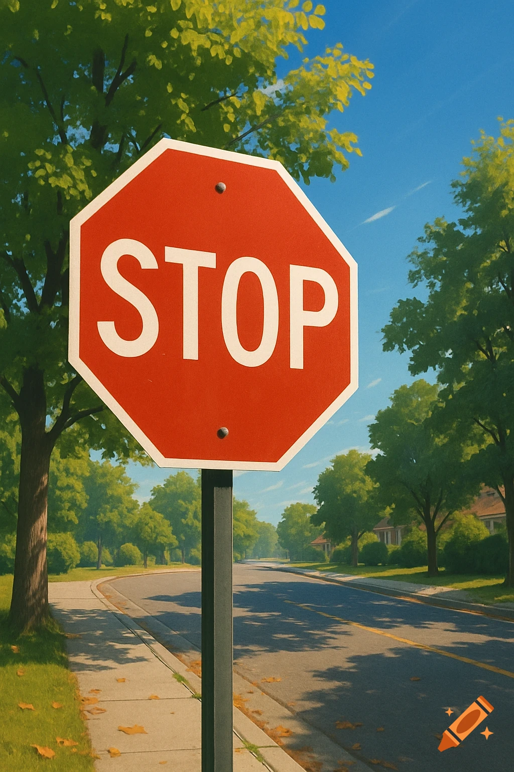 A red octagonal stop sign stands by a sidewalk next to a road lined with green trees under a clear blue sky.