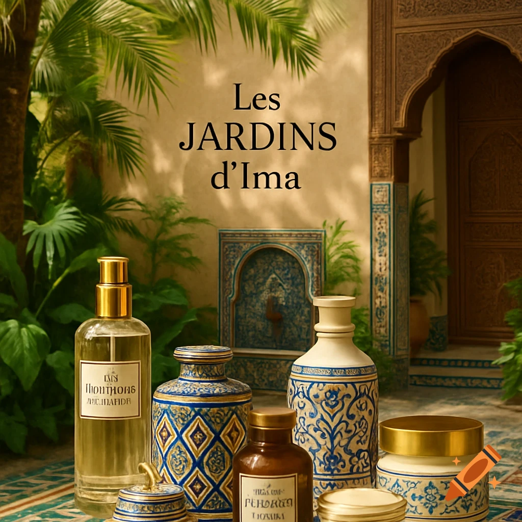 Cosmetic products in a Moroccan-style garden with