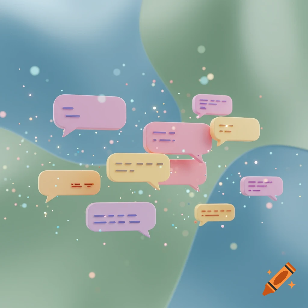 A cluster of pastel pink, yellow, and purple 3D chat bubbles with abstract line patterns, floating on a soft blue and green wavy background with sparkling particles.
