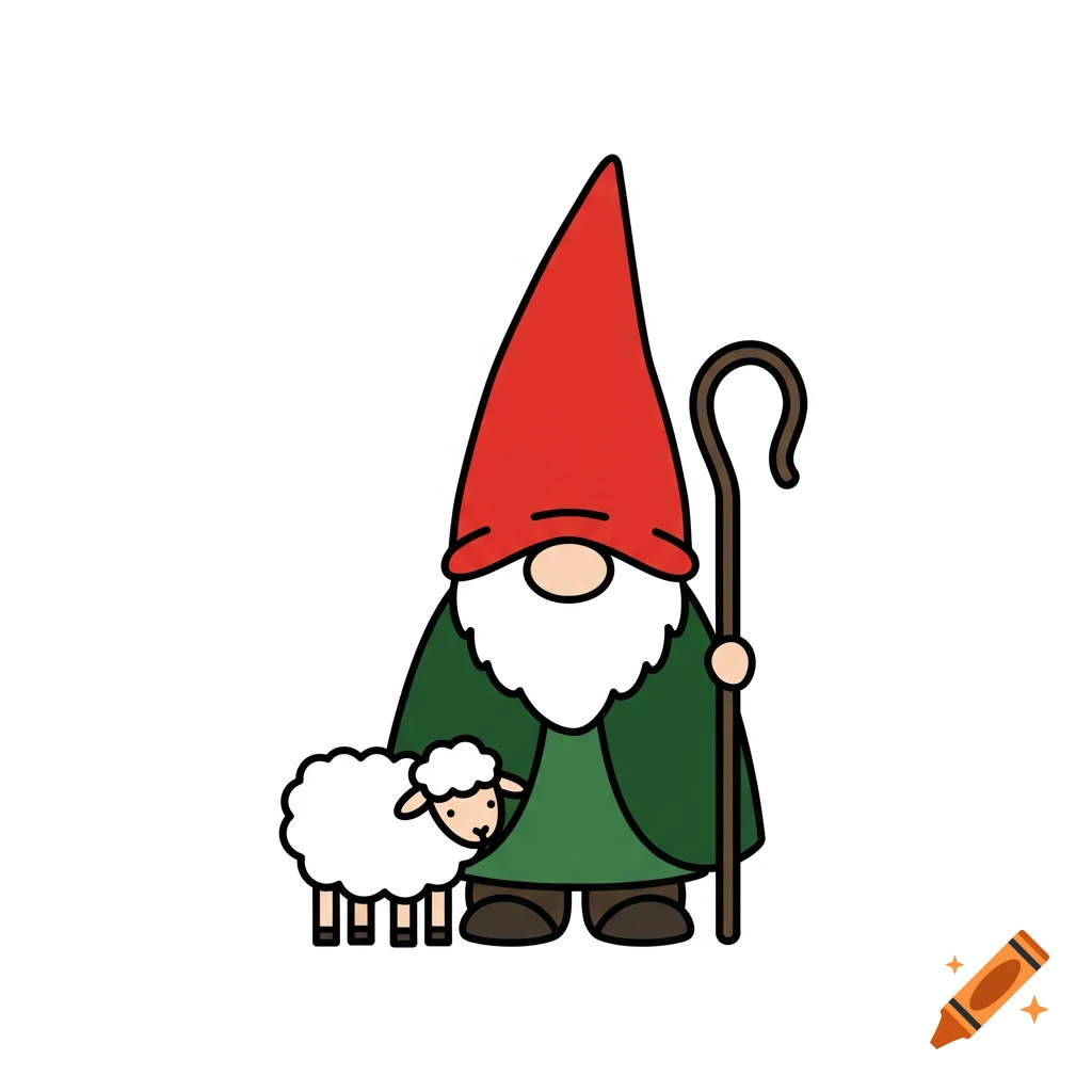 A flat vector illustration of a gnome shepherd with a red hat, green cloak, white beard, holding a crook, standing next to a small white sheep.