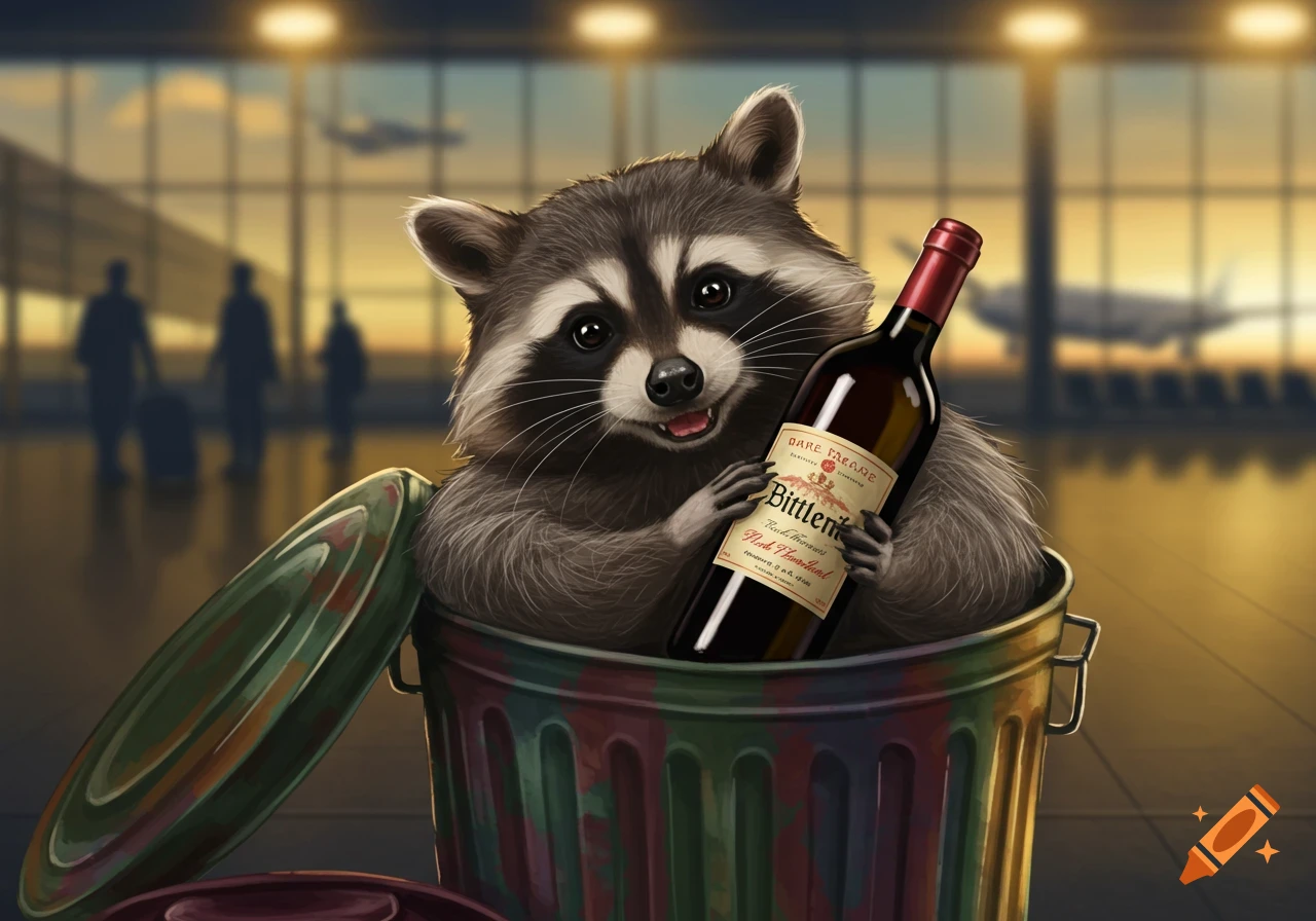 A cute cartoon raccoon sits in a trashcan, holding a bottle of Bittlenif wine at an airport.