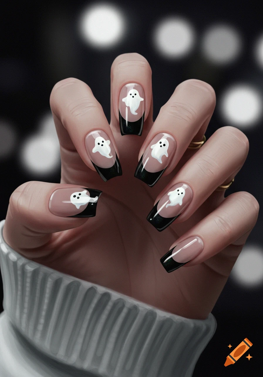 A hand with long nails featuring black French tips and cute white ghost designs. The background is dark with bokeh.