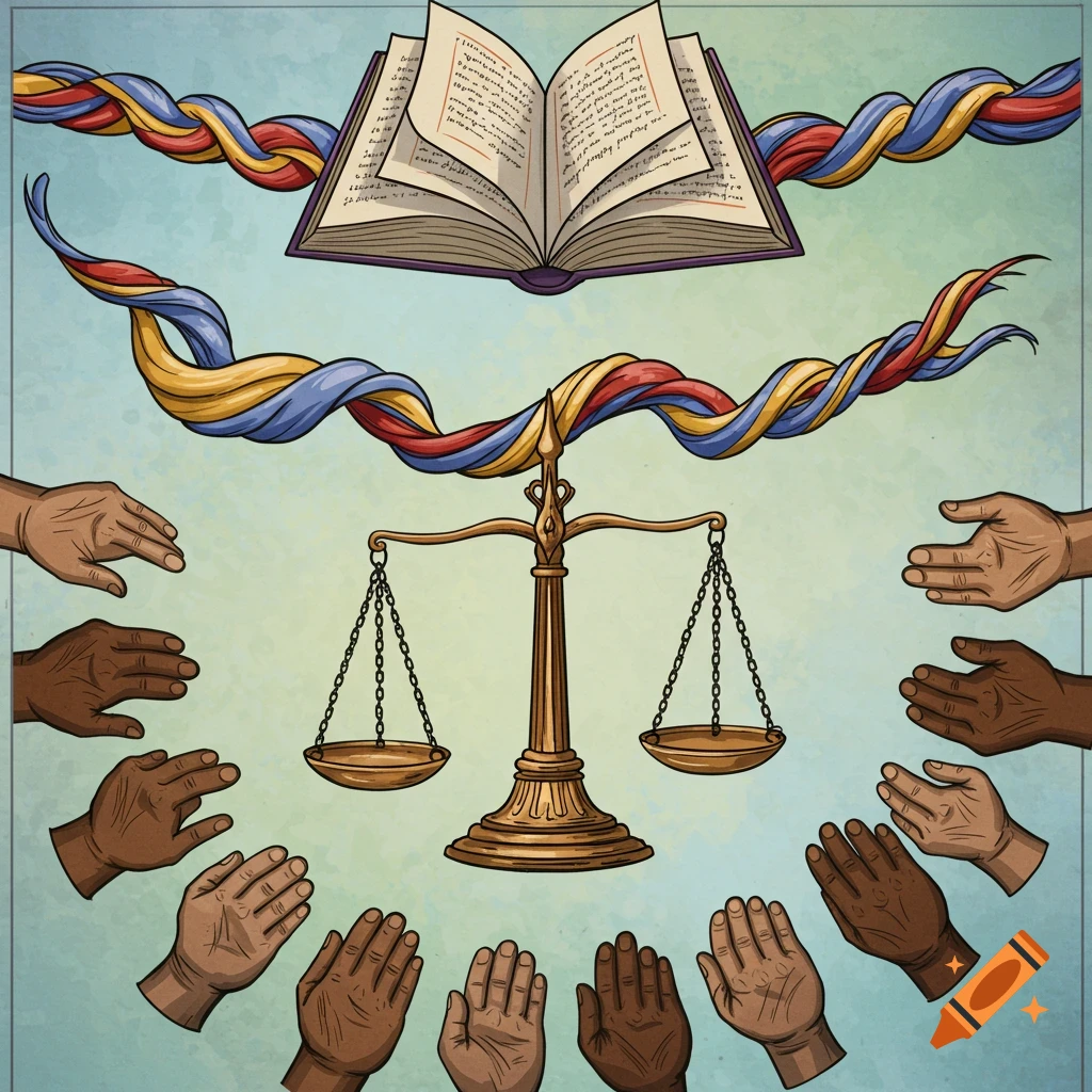 Illustrated symbols of justice and equity: an open book above scales, surrounded by diverse hands and colorful ribbons.
