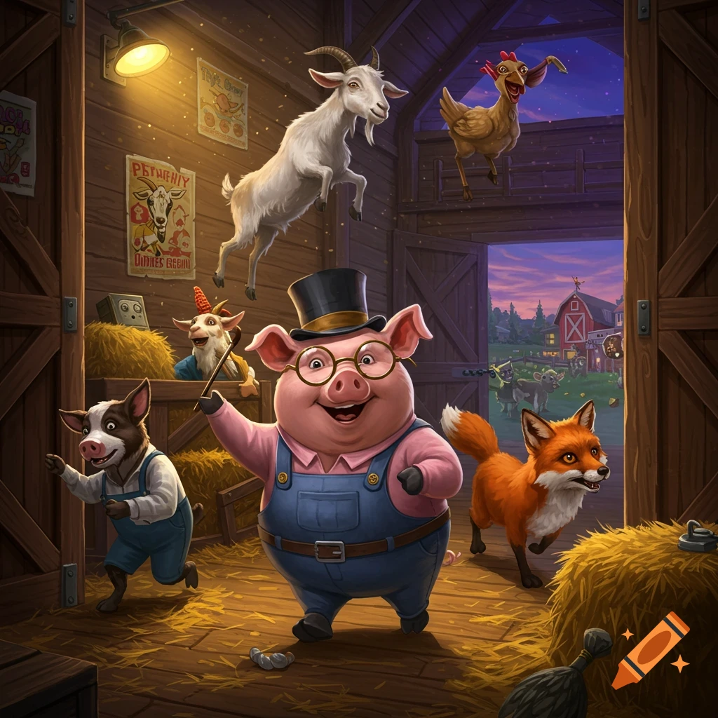 A whimsical cartoon illustration of anthropomorphic farm animals, led by a pig in a top hat, escaping a barn at sunset.