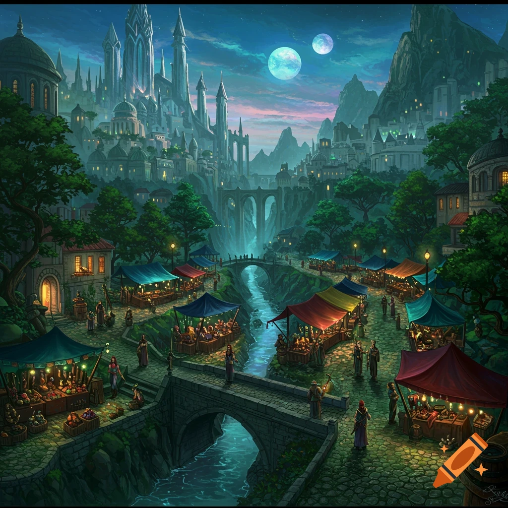 A vibrant fantasy city at night with a bustling market along a river ...