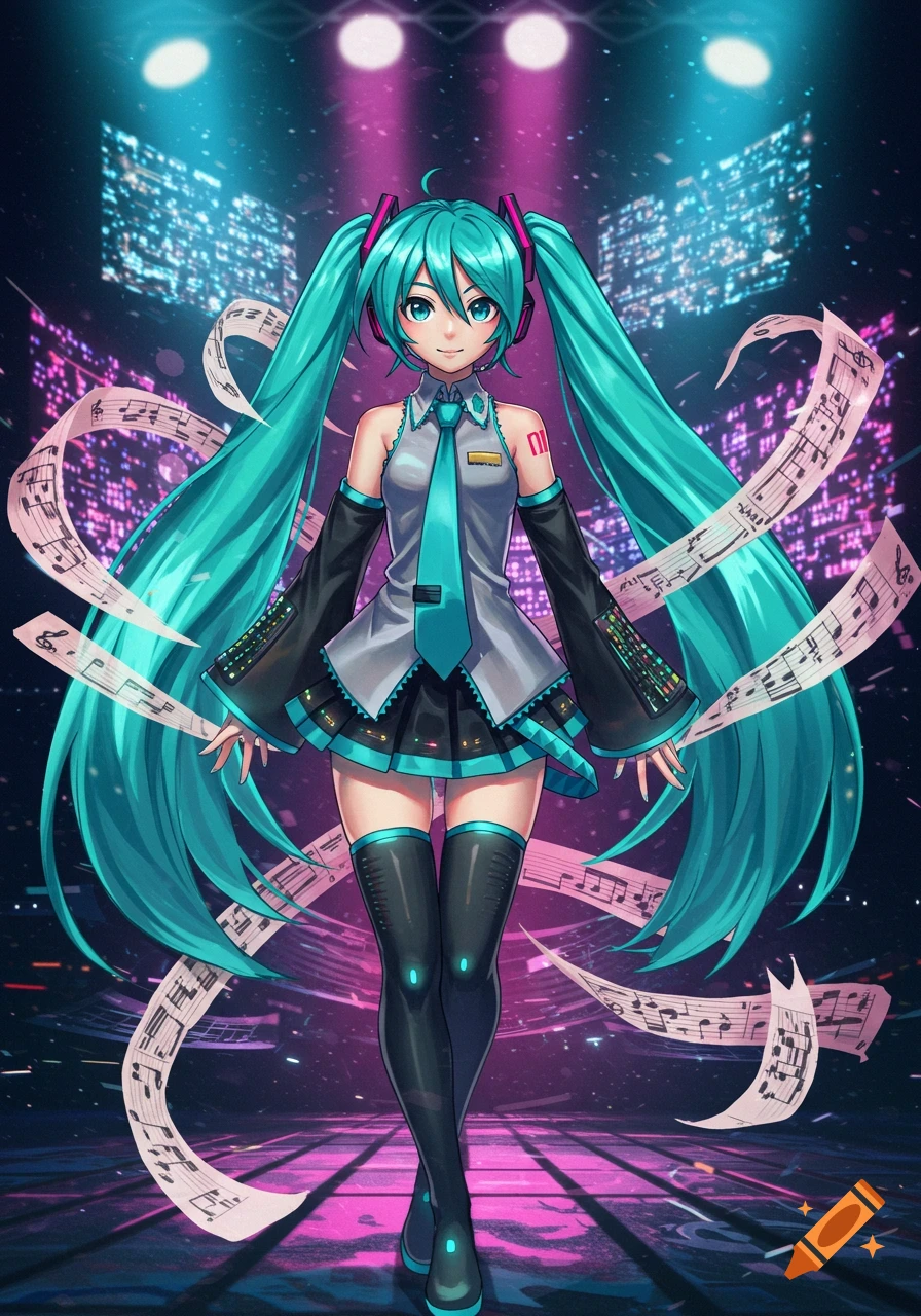 An anime illustration of Hatsune Miku in her signature outfit, with long teal twin-tails and floating musical staff paper, against a neon-lit stage background.