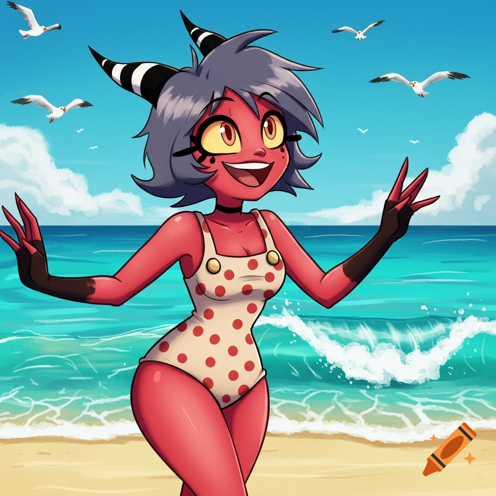 Animated imp character Millie in a polka-dot swimsuit smiles on a sunny beach with seagulls.