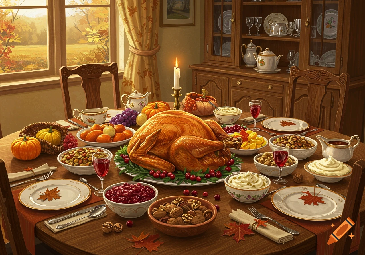 Detailed illustration of a Thanksgiving dinner table with a roasted turkey, various side dishes, and fall decor in warm light.