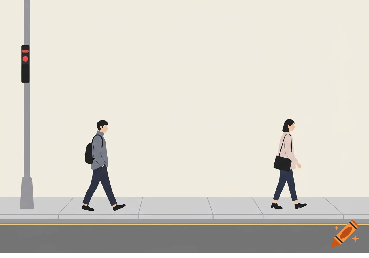 Minimalist vector illustration of a man and woman walking on a city street sidewalk, with a traffic light.