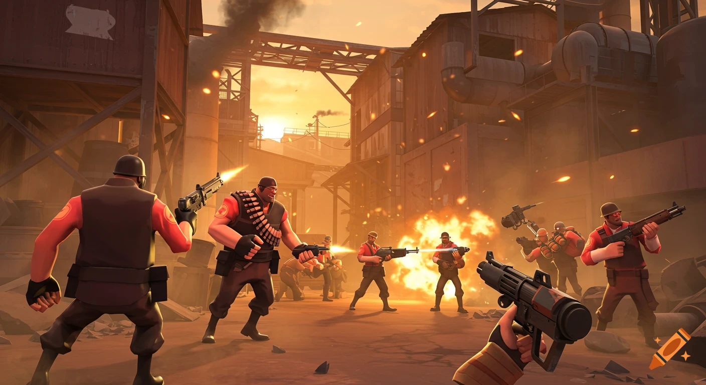 Team Fortress 2 characters in an intense stylized battle with weapons and explosions in an industrial area at sunset.