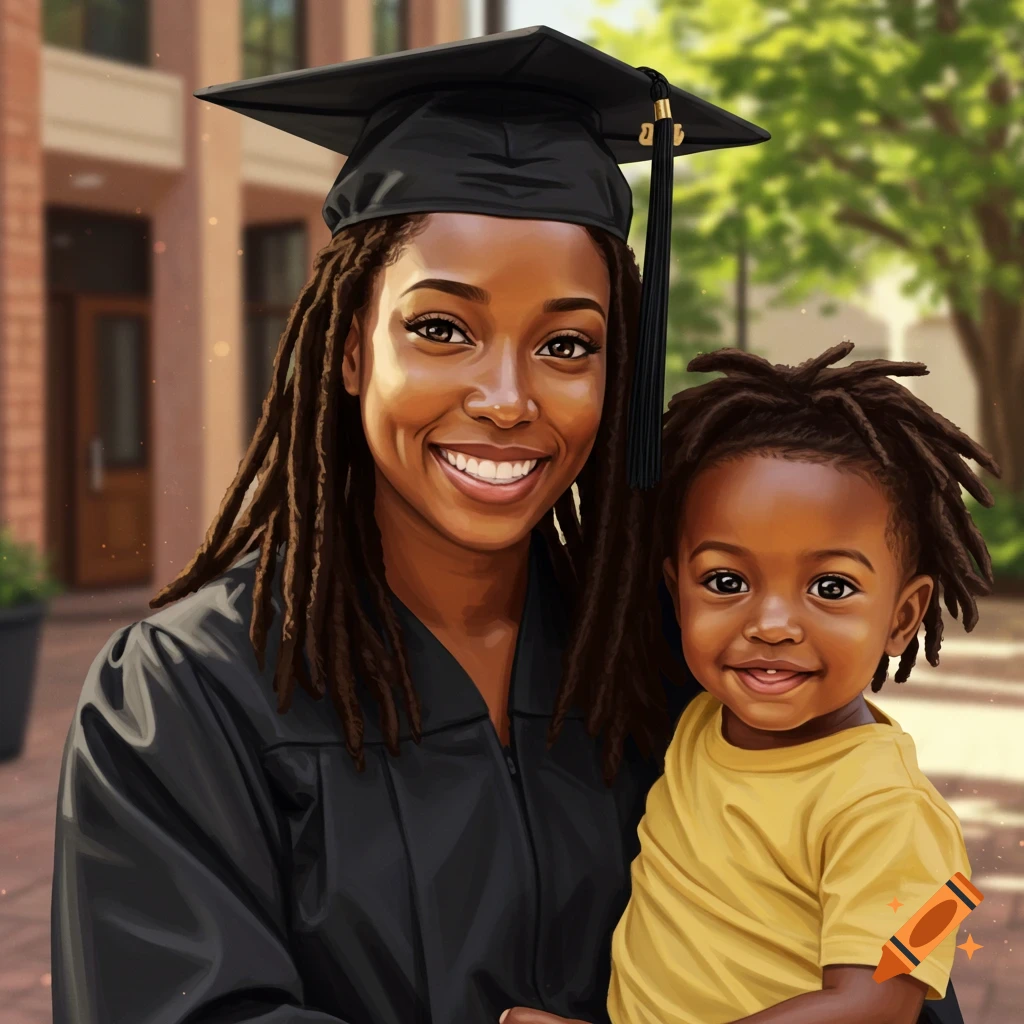 A smiling Black woman in a graduation cap and gown holds a young Black child in a yellow shirt, both with dreadlocks, outdoors.
