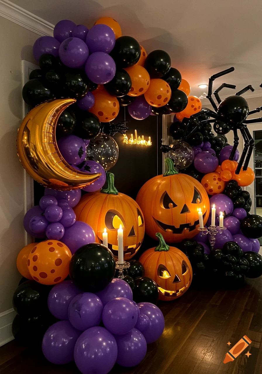 Elegant Halloween balloon arch with orange, purple, and black balloons, glowing jack-o'-lanterns, candles, a golden moon, and a large spider.