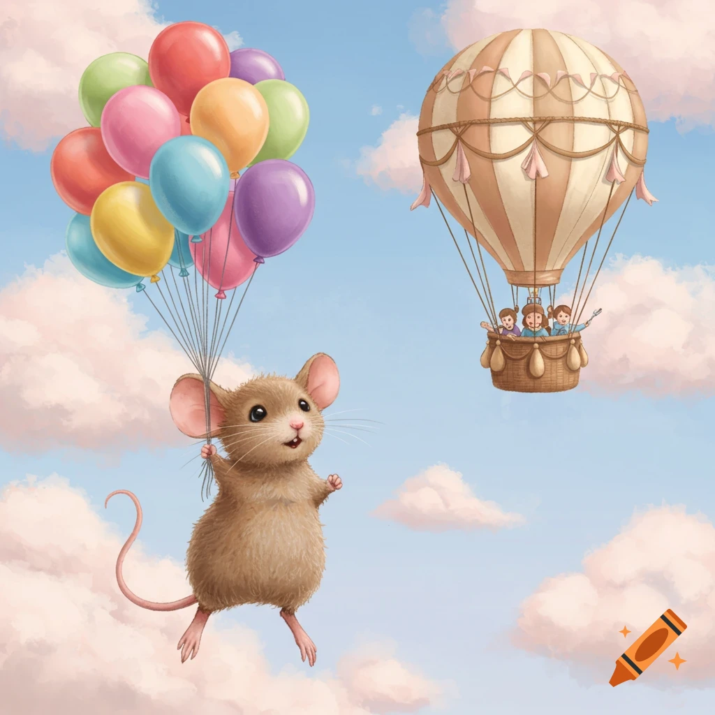 A cute brown mouse floats through a blue sky with pink clouds, holding colorful balloons, as children ride a hot air balloon in the distance.